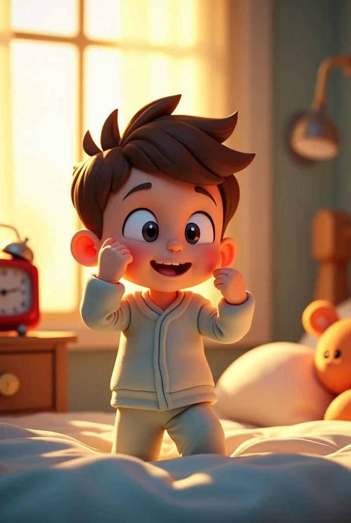 3d cartoon "A boy who is waking up early in the morning."