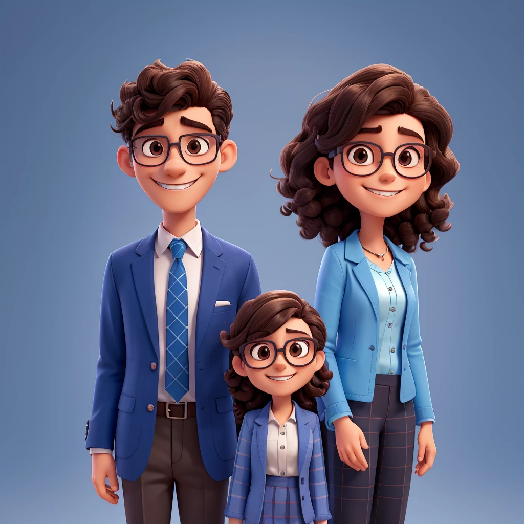 Create Close-up Cartoon Characters of a Happy Young Couple. woman and man, The woman has long, straight dark brown hair and wears dark-framed glasses.. She has a wide, cheerful smile, showing teeth, and wears a blue and white plaid blouse with puff sleeves. The man next to her has short, curly dark hair and also wears dark-framed glasses.. He's smiling too, showing the dental braces. He is wearing a light blue shirt, a matching blue tie and a dark blue suit jacket. both are standing, close to each other, with the woman&#39;s hand resting on the man&#39;s shoulder. The background is white, giving the impression that they are the main focus of the image. CG Society, black arts movement, behance hd, animated characters, Stylized characters, animation style rendering, 3d stylized, Arnold Maya rendering, Stylized 3D rendering, cartoon rendering screenshot, 3d characters, 3d characters, Stylized 3D rendering, 3d characters, cartoon characters, characters in close-up, character posing, Pixar-style, bokeh, best qualityer, skin detailed, detailed texture, 8k, Argilla, cinematic lighting, sharp focus