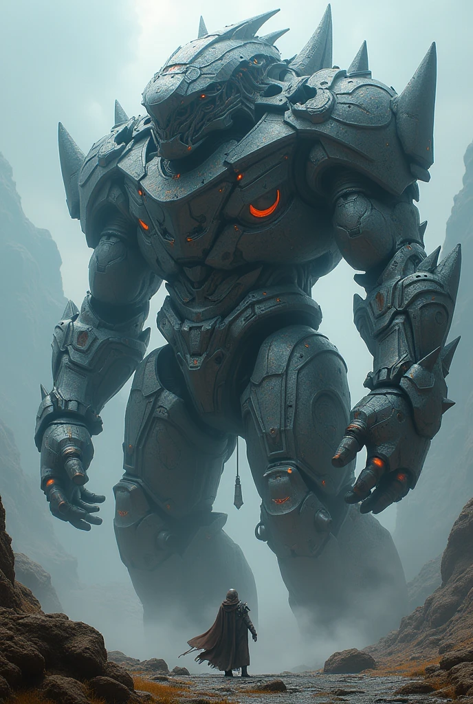 A monumental entity of metal and crystal, with a structure that mixes features of an advanced machine and a biomechanical form. The Abyssal Presence is shrouded in an aura of dark energy and its moving parts can assume different forms of attack and defense.. Its design allows it to change its shape to adapt to various combat tactics..