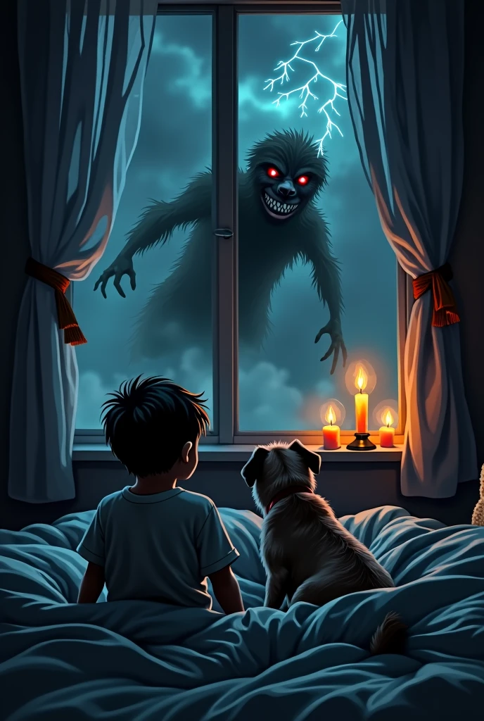 On a stormy night, a boy and his dog huddled under the covers. The power went out, and the only light came from the flickering candles. The boy heard scratching at the window. His dog growled, but he felt a chill—something was off. He whispered to the dog, “It’s just the wind.” The dog’s eyes widened in terror, and he barked frantically. The boy turned slowly, and there, pressed against the window, was a face grinning with malicious glee. The boy’s last thought was how the face looked just like his own.