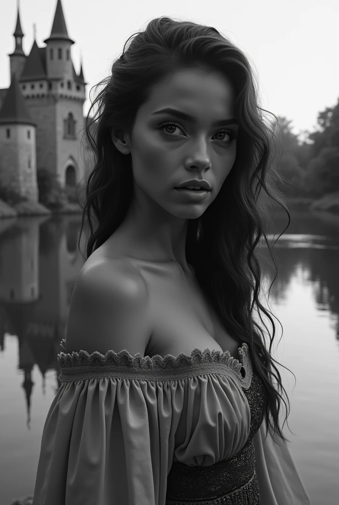 (best qualityer, 4K, 8k, high resolution, Masterpiece artwork: 1,2), ultradetailed, (realisitic, fotorrealisitic, fotorrealisitic: 1,37), medieval brazilian girl, young woman, looking at the camera from the front, beautiful detailed eyes, beautiful detailed lips, extremely detailed eye and face, long eyelashes, medieval gown, standing near a lake, castle in the background, reflection in the lake, monochrome, elegant pose, serene expression, dramatic lighting, temperamental atmosphere