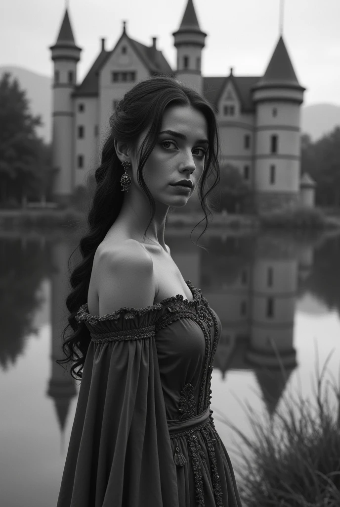 (best qualityer, 4K, 8k, high resolution, Masterpiece artwork: 1,2), ultradetailed, (realisitic, fotorrealisitic, fotorrealisitic: 1,37), medieval brazilian girl, young woman, looking at the camera from the front, beautiful detailed eyes, beautiful detailed lips, extremely detailed eye and face, long eyelashes, medieval gown, standing near a lake, castle in the background, reflection in the lake, monochrome, elegant pose, serene expression, dramatic lighting, temperamental atmosphere