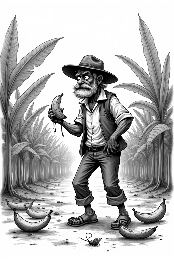 Create an easy to draw black and white drawing, of a slightly older man with a beard and hat, frustrated and angry, Make him be in a banana plantation and there are several bananas on the ground and the man has a banana in his hand examining them and a pest appears 