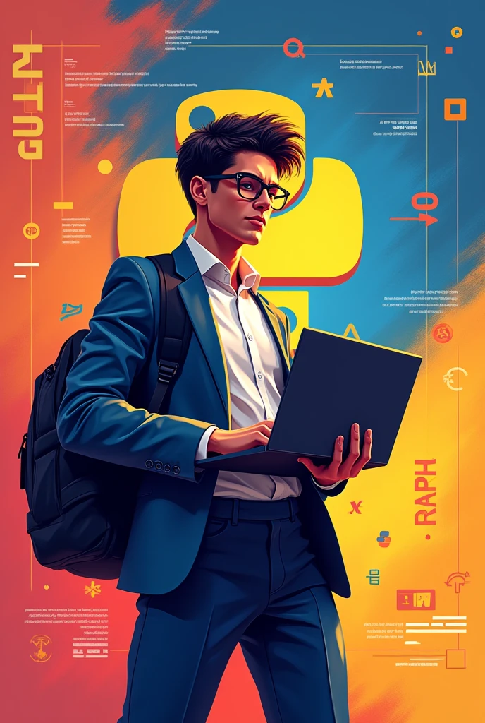 A dynamic promotional image for an introduction to Python programming course. The image should be vibrant, with a young professional holding a laptop, with abstract coding elements and the Python logo subtly integrated into the background. The overall vibe should be modern, motivator, and with technical knowledge, using bright and energetic colors.
