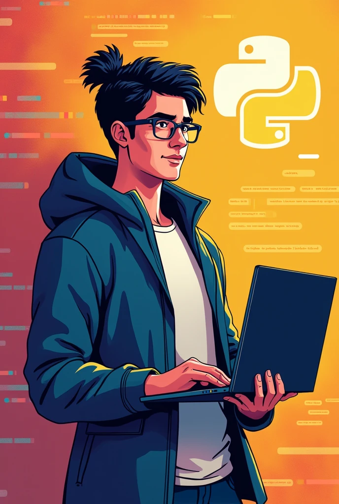 A dynamic promotional image for an introduction to Python programming course. The image should be vibrant, with a young professional holding a laptop, with abstract coding elements and the Python logo subtly integrated into the background. The overall vibe should be modern, motivator, and with technical knowledge, using bright and energetic colors.