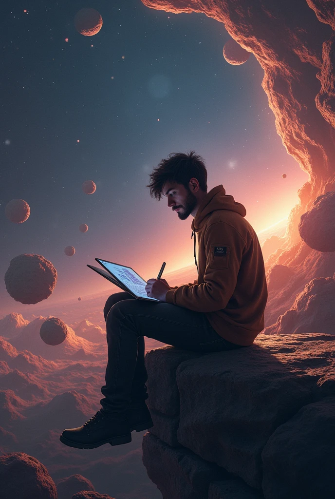 Draw a young programmer, sitting on a research platform floating in the middle of an asteroid belt. He is studying with a notebook, surrounded by several asteroids glowing with fiery auras. Dramatic lighting from distant stars and planets illuminates the scene, casting deep shadows on the suit. The young man looks confident and determined, looking at the vast and mysterious universe with wonder and respect,facial hair, cowboy shot,