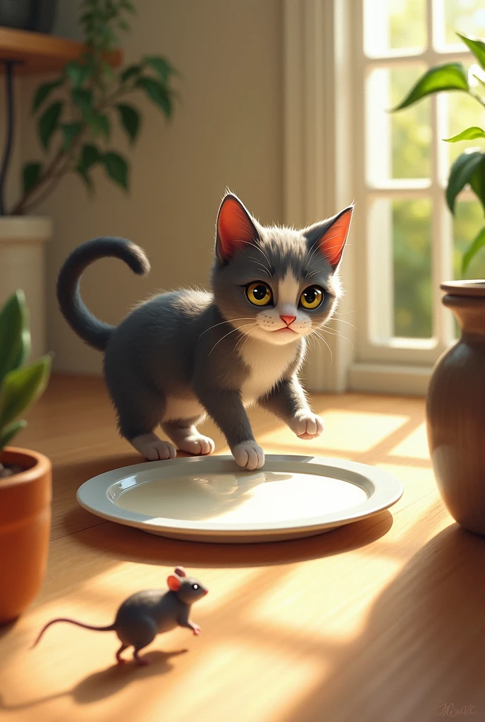 There was a cat who was given a plate of milk every morning.. One day he saw a mouse passing by and decided to catch it.. The mouse ran away. When the cat came back, He saw that the plate was empty because other cats took it. So the cat was left without a mouse and without milk and he lamented a lot..