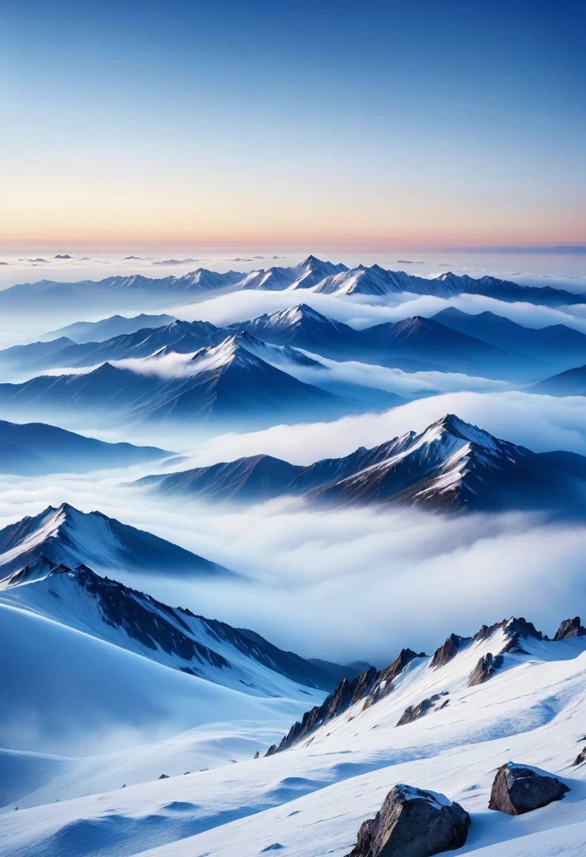  Snowy mountain scenery in blue tones at sunrise，With sunrise as background. The distant mountains are covered with fog and low clouds. Misty mountains., Mountains like ink paintings, Kiriya, Foggy morning landscape, sea of clouds, Morning Light,

                    Peaceful and dreamy atmosphere, Vision，ultra depth of field，super wide angle，The complexity of microfocal length lenses、High detail shooting, exquisite art, Realistic and ultra-detailed digital art style