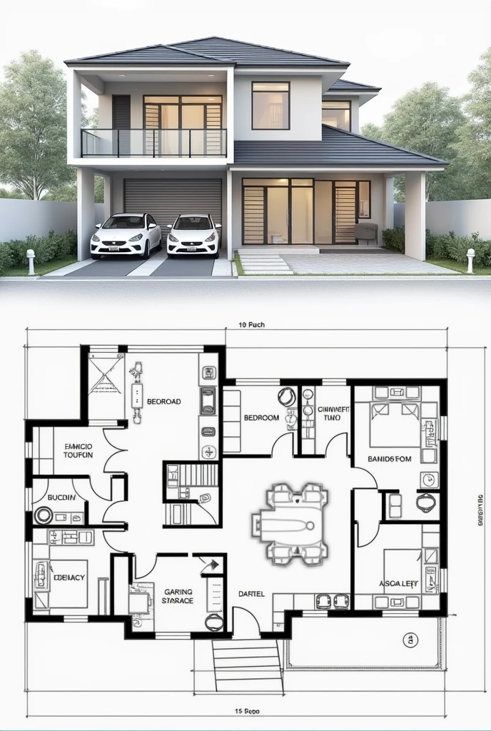 draw a plan for a 2-storey house with a width of 11 meters and a length of 17 meters, the height of the 1st floor is 4 meters, 2nd floor free, The front side is used for a wide car garage to the side for 2 cars, The living room is used as a family room, has 3 bedrooms, the back has 2 stairs, has 2 bathrooms, The first staircase is used for the second bathroom., second bottom ladder for storage, the 2nd floor is only made for gazebo