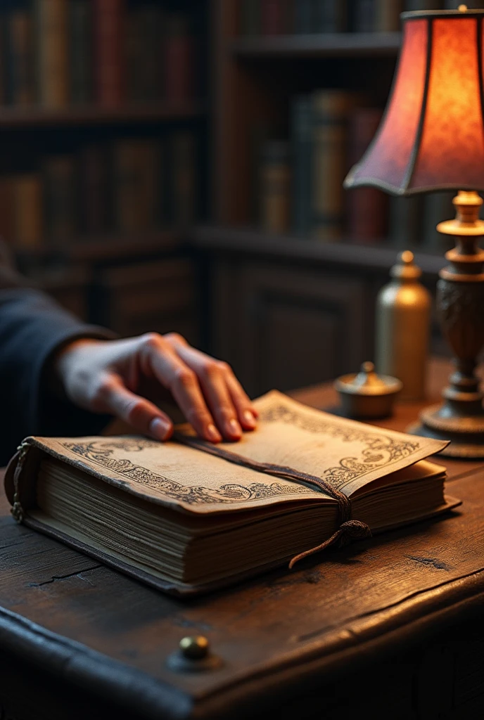 create an image, man's hand hold mysterious journal on desk
