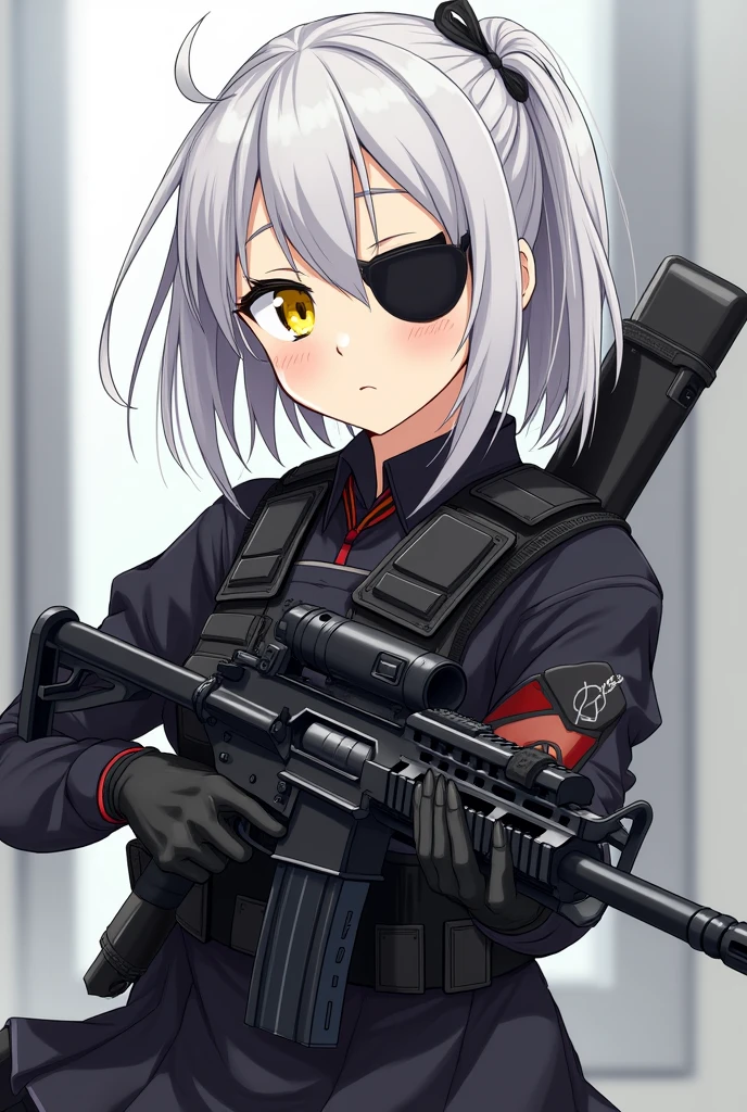 Medium height White short ponytail anime girl Determine yellow eye color with black eye patch wearing black school uniform, tactical black gloves, black vest armor, carry mag ammo while holding a futuristic assault rifle. Manga art style