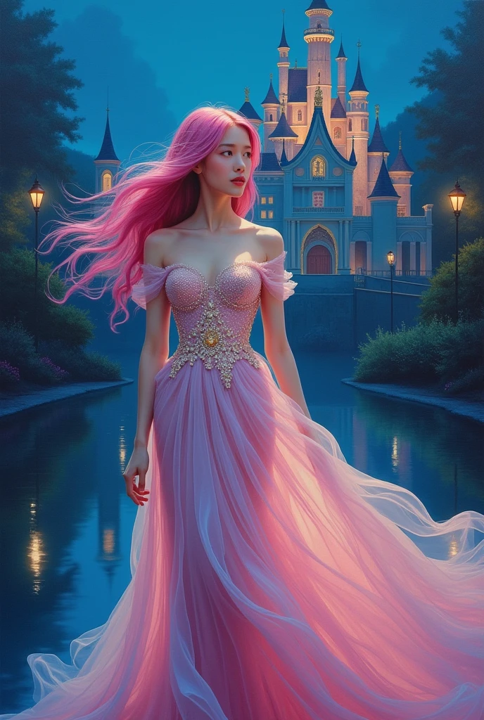 Surreal 3D oil painting In the dark night full body photo Young Thai woman with flowing pink hair She wore a shimmering evening gown that glowed with soft colors. The fabric shimmers with every movement. Reflecting shades of blue, pink and gold, creating a magical and mesmerizing effect. The backdrop is a beautiful castle. Decorated with beautiful lights