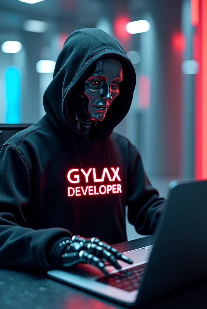 GIVE A FUTURISTIC BACKGROUND ON WHICH A Humanoid robot sitting DOING CODING ON A
Open  LAPTOP  , wearing a BLACK HOODIE WHICH HAVE A TEXT APPEAR IN NEON Red COLOR  TEXT IS 
"G   Y   L   A   X "  " DEVELOPER   "  IN CLEAR WORDS VISIBLE TO US
  IT SHOULD BE IN capital letter,, 
IT SHOULD BE GYLAX NOT GALAXY 
Humanoid robot face half covered with hoodie
Humanoid robot background should be  attractive 
Humanoid robot 

Give a face to it  half covered with hoodie 
Hoodie come over to eyes
Laptop not visible make it visible 
Humanoid face have a attractive look or something like this image looks very amazing fantastic 
Don't change its position 