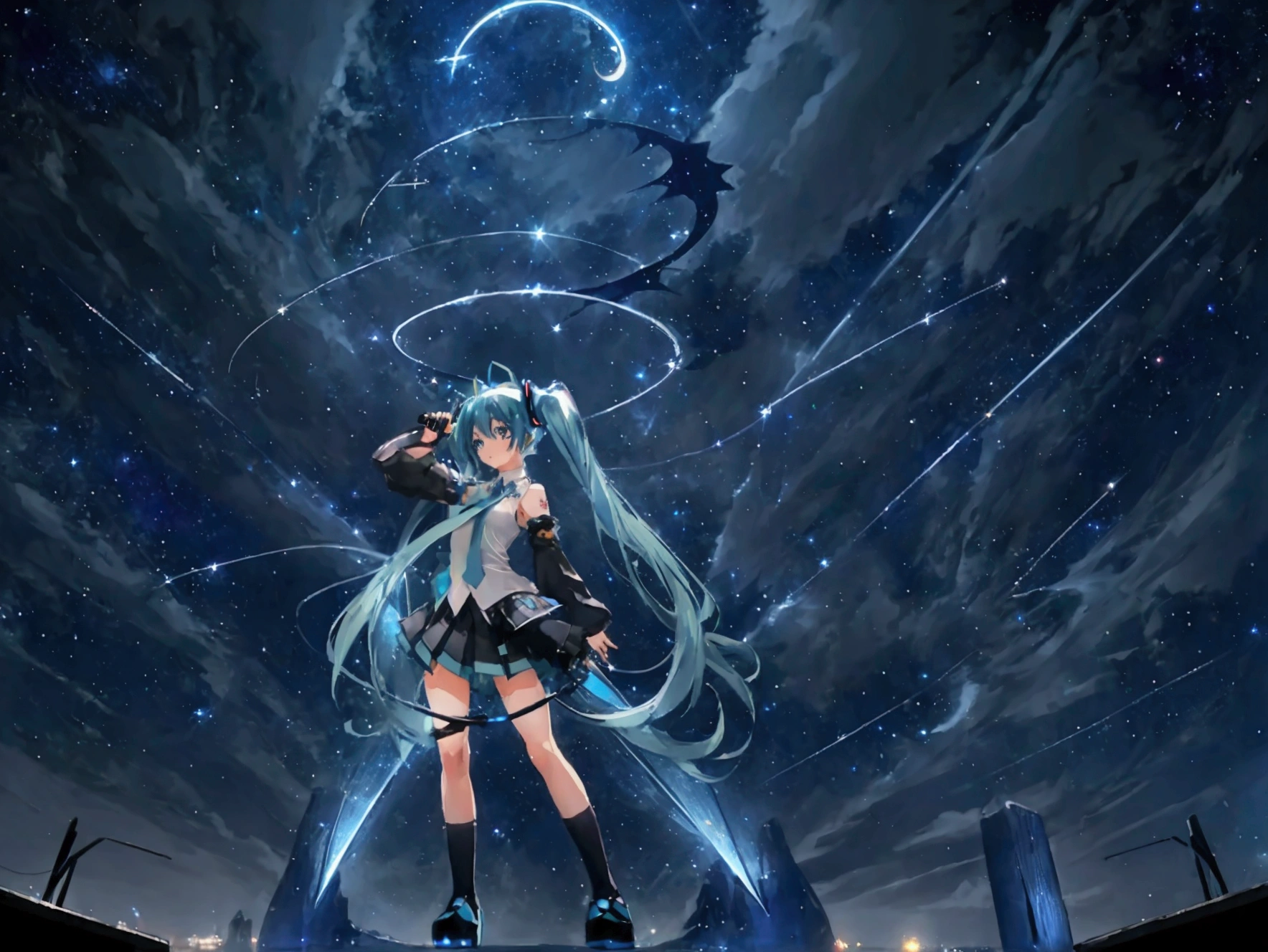 ((High Quality,high resolution,Painting)),(Hatsune Miku,one person&#39;s,Light blue hair,Twin tails,No sleeve,tie,mini skirt,socks,Black hoodie),((Blue is the predominant color,Angle from below,Stars in the night sky,Crescent Moon)),(Shining futuristic city at night,Night view,Cyber World),(Dynamic pose,Cool pose,Standing on a glass stage,Cool look,singing,Holding a microphone)