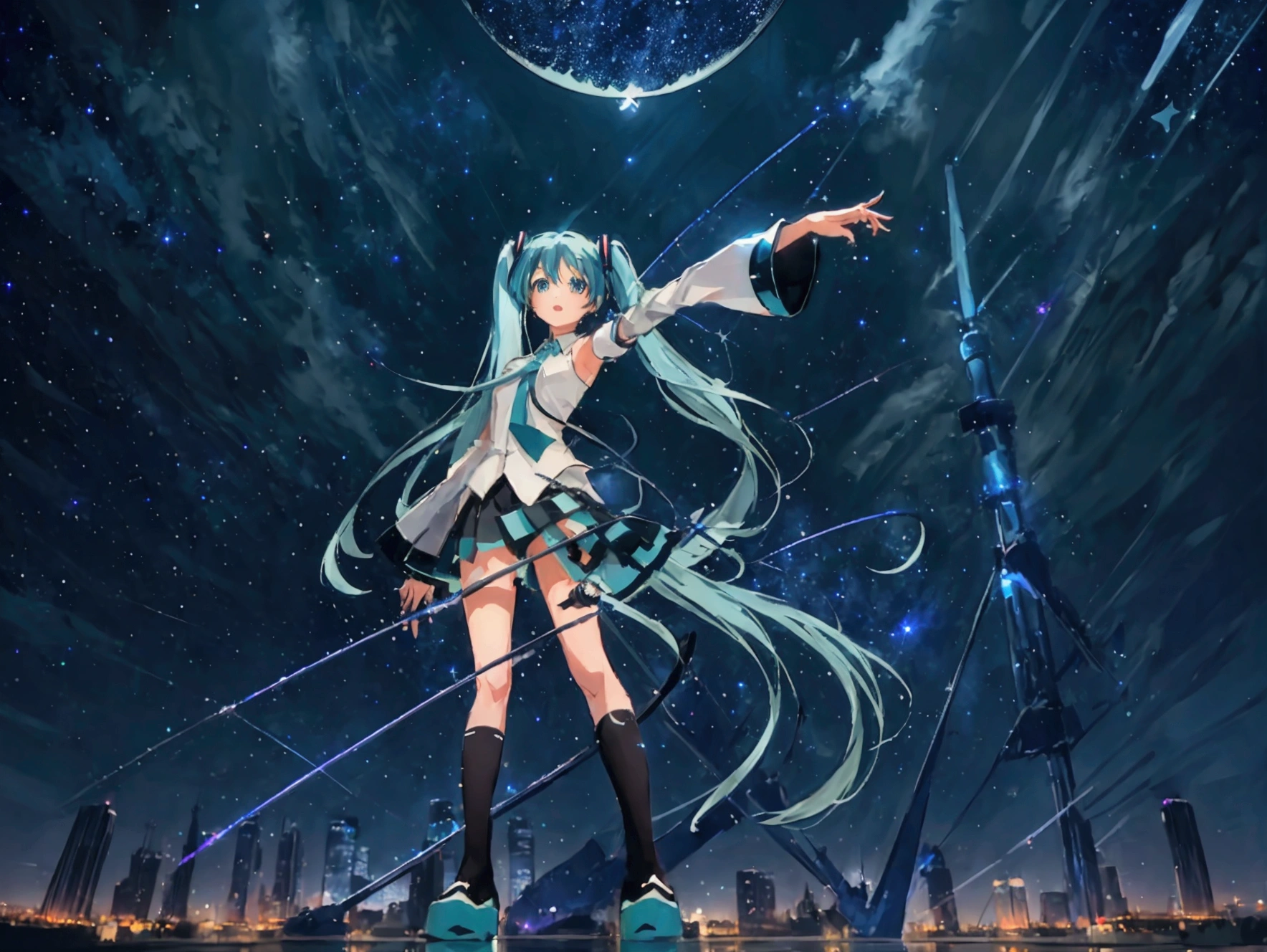 ((High Quality,high resolution,Painting)),(Hatsune Miku,one person&#39;s,Light blue hair,Twin tails,No sleeve,tie,mini skirt,socks,Black hoodie),((Blue is the predominant color,Angle from below,Stars in the night sky,Crescent Moon)),(Shining futuristic city at night,Night view,Cyber World),(Dynamic pose,Cool pose,Standing on a glass stage,Cool look,singing,Holding a microphone)