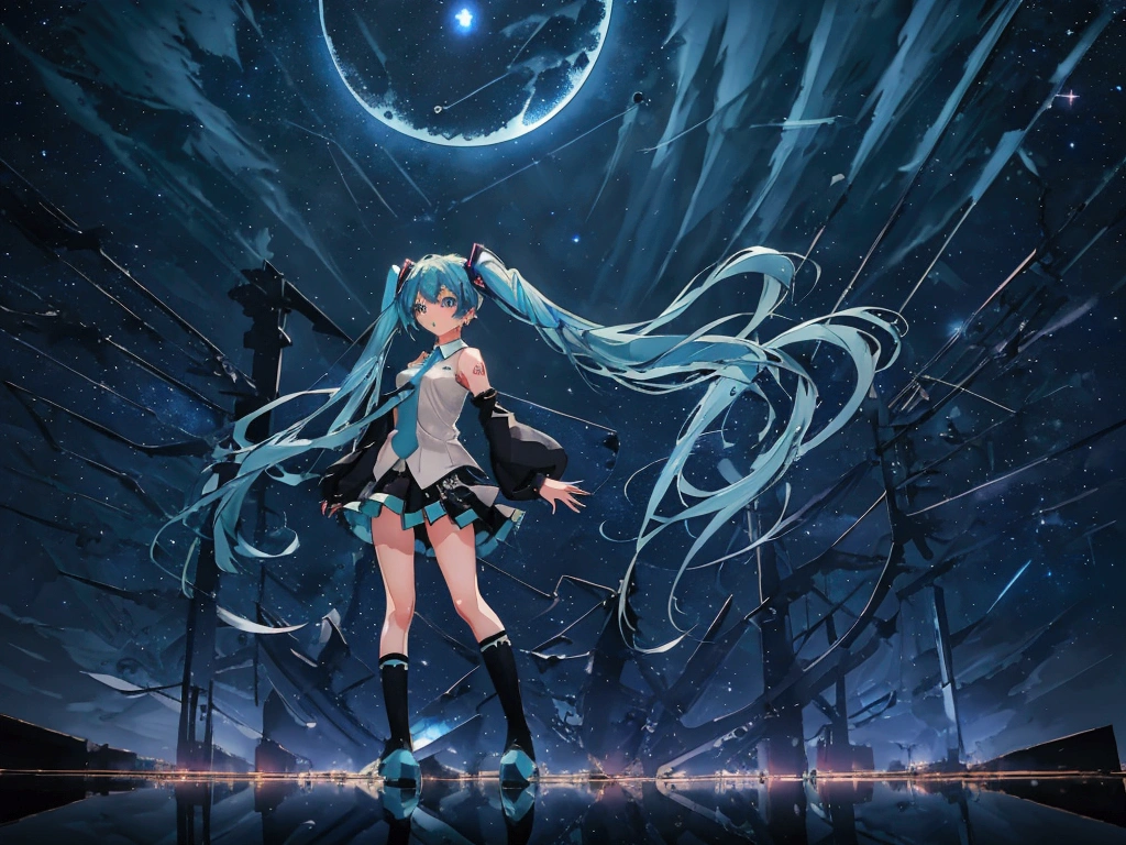 ((High Quality,high resolution,Painting)),(Hatsune Miku,one person's,Light blue hair,Twin tails,No sleeve,tie,mini skirt,socks,Black hoodie),((Blue is the predominant color,Angle from below,Stars in the night sky,Crescent Moon)),(Shining futuristic city at night,Night view,Cyber World),(Dynamic pose,Cool pose,Standing on a glass stage,Cool look,singing,Holding a microphone)