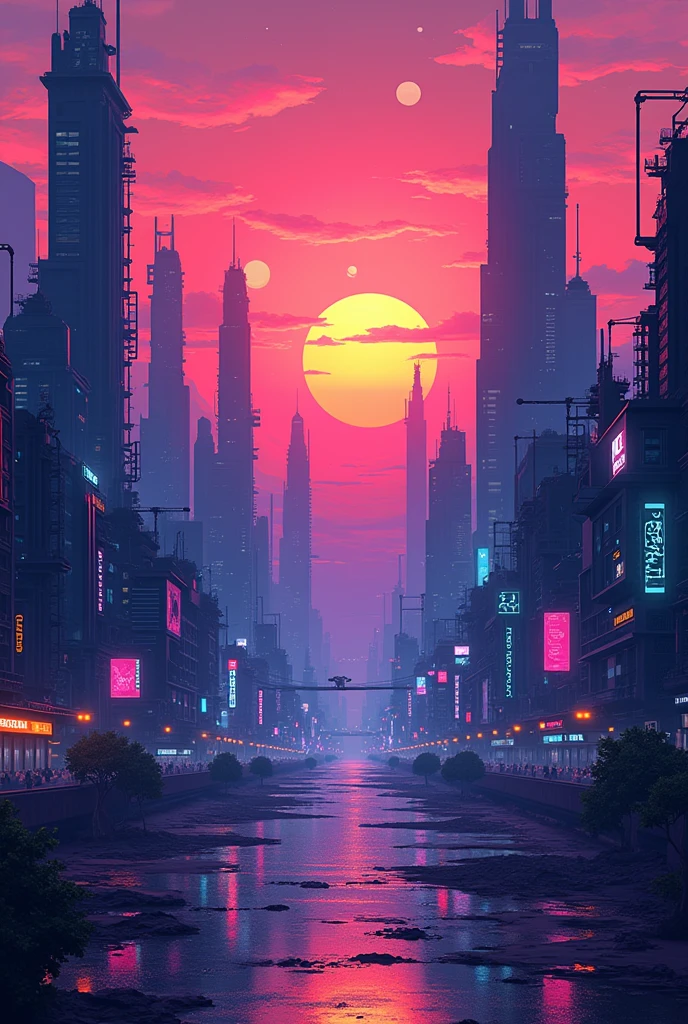 An inmense futuristic cyberpunk city, with neon, bright and strong colors. The orange and pinkish sun is setting, eclipser by various moons, with a vaporwave style with white bright reflexes.. the sky is turning dark far from the sun, letting us view the purple and blue lights of the city. All the picture will be minimalist. the picture will be a pixel art.