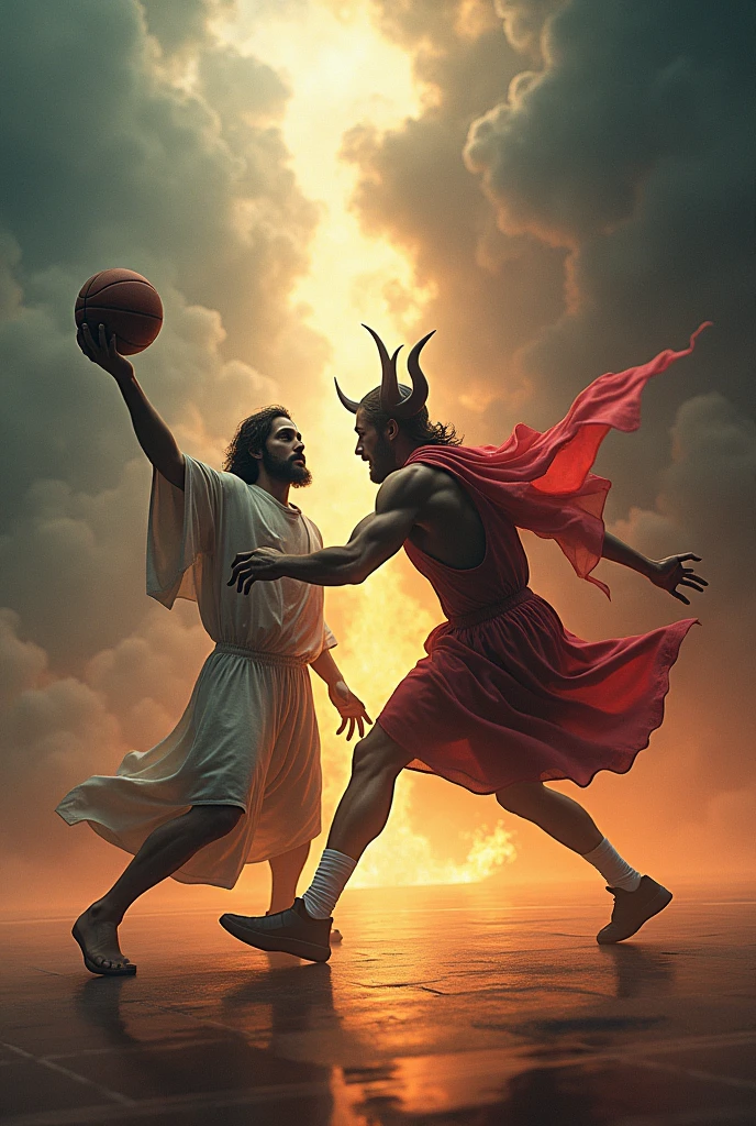 Jesus Christ beating the devil in a basketball game