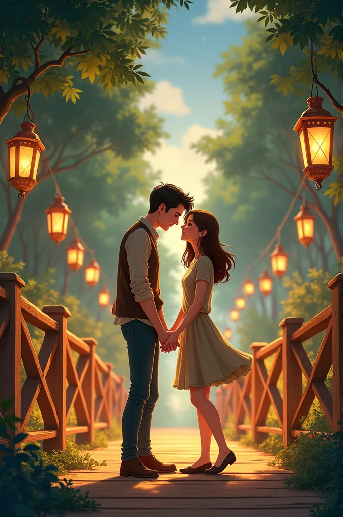 [Image d'un pont en bois fraîchement rénové, illuminé par des lanternes et décoré de gravures. Clara et Léo, souriants, travaillent ensemble pour mettre les touches finales, avec des mains qui se touchent.] Image sous forme de dessin animé 