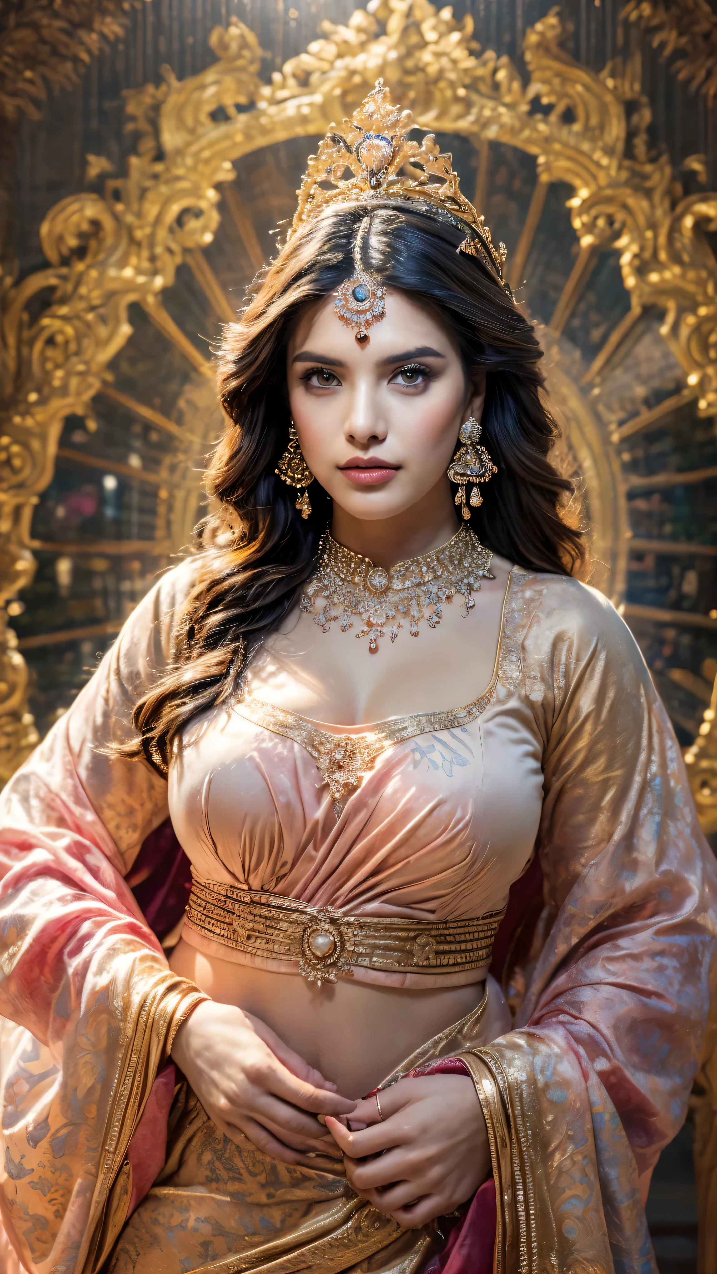 ((Best quality, 8k, Masterpiece :1.3)), Sharp focus :1.2, Generate a realistic image of a beautiful sexy Indian woman plus size body: 8.5 (masterpiece like a princess) (body like divine girl) dressed divine white clothes pink skirt print v neck plus size giant blouse + belt, adorned with traditional ornaments, standing in a well-lit room with cinematic lighting. ((Front view, random elegant pose)), and there is a sense of grace and elegance in her posture. The background should complement the scene, enhancing the overall aesthetic appeal of the image. Photography by Brandon Woelfel, Full shot: Canon EF 16-35mm f/2.8L III USM lens on a Canon EOS 5D Mark IV camera, ultra realistic, 32k, HD