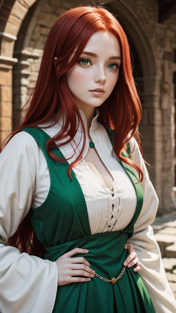 Red-haired white girl in green medieval clothes