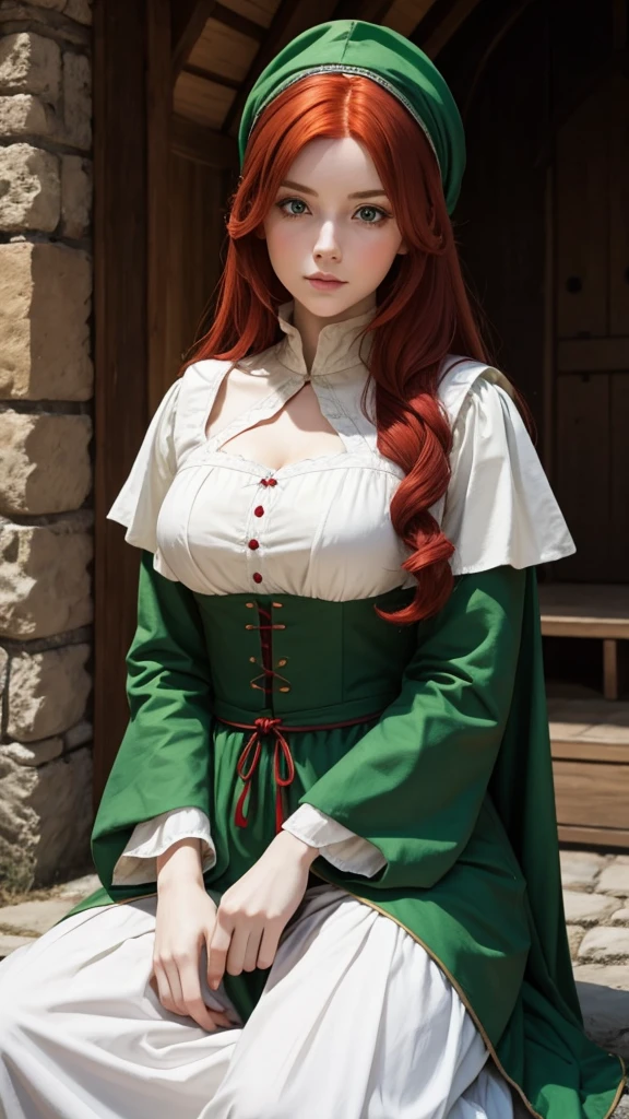 Red-haired white girl in green medieval clothes