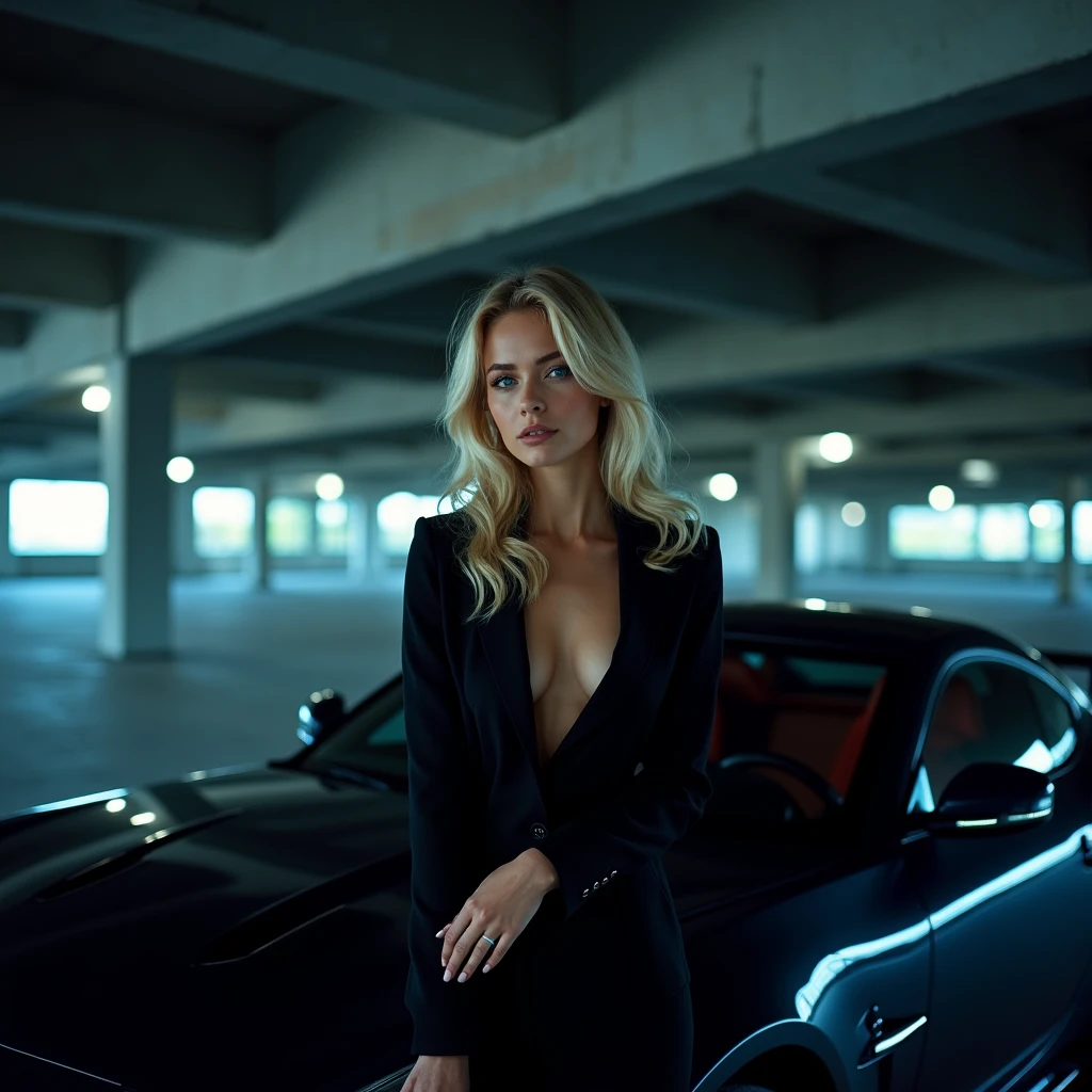 A cinematic photoshoot with a blonde girl, her blue eyes reflecting the urban lights, leaning against a modern sports car in a multilevel parking lot, the concrete structures creating intriguing shadows, emphasizing both elegance and urban coolness, Photography, Canon EOS RP with a 35mm lens, f/1.4