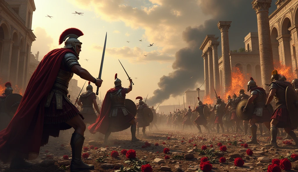 a destroyed roman city, roman soldiers attacking celtic barbarians, a great battle, action scene, masterpiece, best quality, highly detailed, cinematic lighting, dramatic composition, dynamic poses, epic scale, gritty realism, moody colors, volumetric fog, depth of field, chiaroscuro, dramatic camera angle, dynamic camera movement, impactful framing, powerful contrasts, vibrant colors, dramatic shadows, intense atmosphere, photorealistic, stunning visuals, breathtaking scale, cinematic feel, heroic energy, visceral combat, sweeping landscapes, magnificent architecture, historical accuracy, compelling narrative, awe-inspiring spectacle. roses on the floor; war planes flying over the city