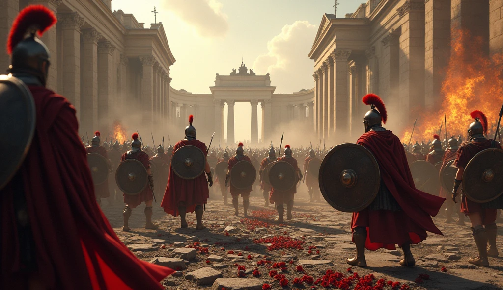 a destroyed roman city, roman soldiers attacking celtic barbarians, a great battle, action scene, masterpiece, best quality, highly detailed, cinematic lighting, dramatic composition, dynamic poses, epic scale, gritty realism, moody colors, volumetric fog, depth of field, chiaroscuro, dramatic camera angle, dynamic camera movement, impactful framing, powerful contrasts, vibrant colors, dramatic shadows, intense atmosphere, photorealistic, stunning visuals, breathtaking scale, cinematic feel, heroic energy, visceral combat, sweeping landscapes, magnificent architecture, historical accuracy, compelling narrative, awe-inspiring spectacle.  roses on the floor; war planes flying over the city