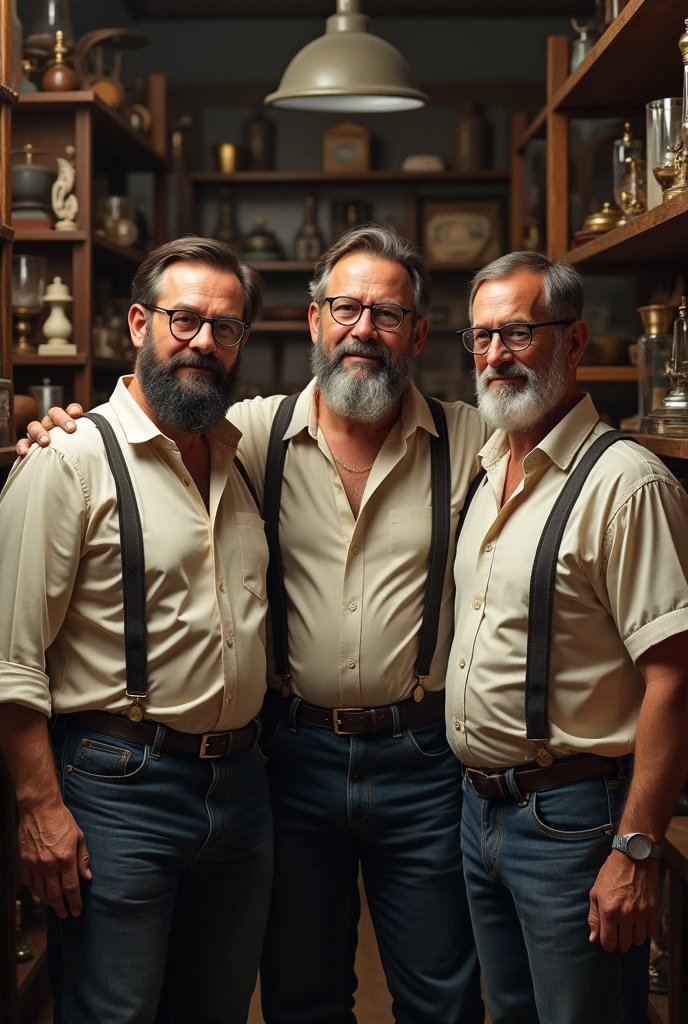(photorealism:1.2), 3 man, with round glasses, and a black and grey beard, with suspenders. He's strong and has large should. He has a gentle smile and is the owner of an antiquarium