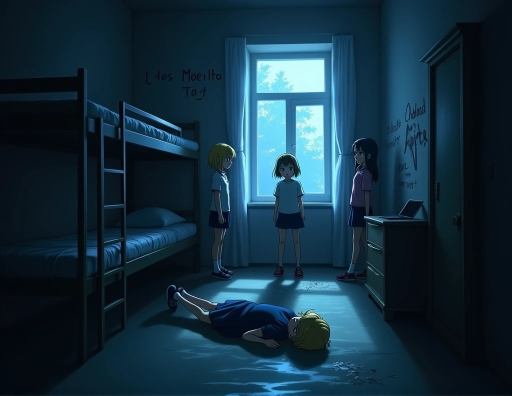 A dimly lit dorm room with an unsettling ambiance. The room has a cold, blue-toned light filtering through the window. A girl student with blonde hair lifeless body is found lying on the floor. Disturbing symbols and messages are scrawled on the walls, and a chilling atmosphere hangs in the air. Nara and her 2 friends look on in shock, their faces illuminated by the eerie light.