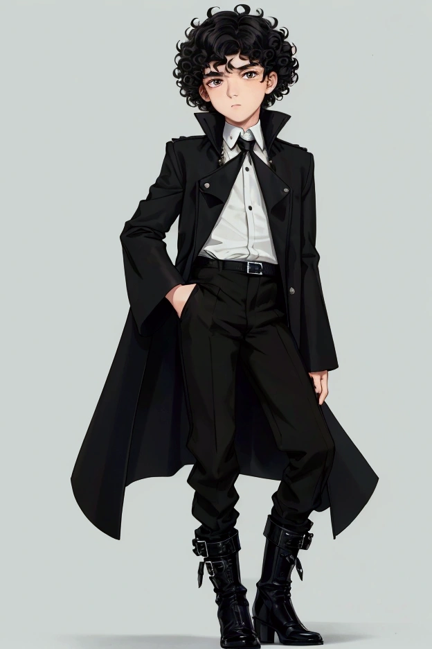 ((Solo portrait)),(boy1), (1 teenager),(height1, 85cm),(average physical body of a teenager),(mixed face shape with a thick flat nose plus a little thin and a big mouth plus a little thin),((short black curly curly hair)),((Image of a solo boy)),(Wearing),+,(a stylish black emperor pants made of cotton decido with sisa tones and two leather boots on the feet with lines of another and a black blouse with sleeves that go to the landing in the emperor style with a black overcoat)