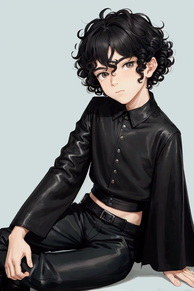 ((Solo portrait)),(boy1), (1 ager),(height1, 85cm),(average physical body of a teen),(mixed face shape with a thick flat nose plus a little thin and a big mouth plus a little thin),((short black curly curly hair)),((Image of a solo boy)),(Wearing),+,(a stylish black emperor pants made of cotton decido with sisa tones and two leather boots on the feet with lines of another and a black blouse with sleeves that go to the landing in the emperor style with a black overcoat)