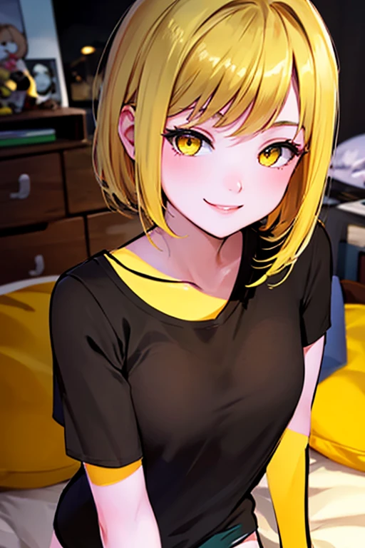 high quality, subsurface scattering, chromatic lighting,
colorized, yellow + black limited color palette,
detailed concept drawing,
in a bedroom, sleepwear,
portrait, 20yo 1girl, medium soft breasts, slender, yellow hair, yellow eyes, smiling