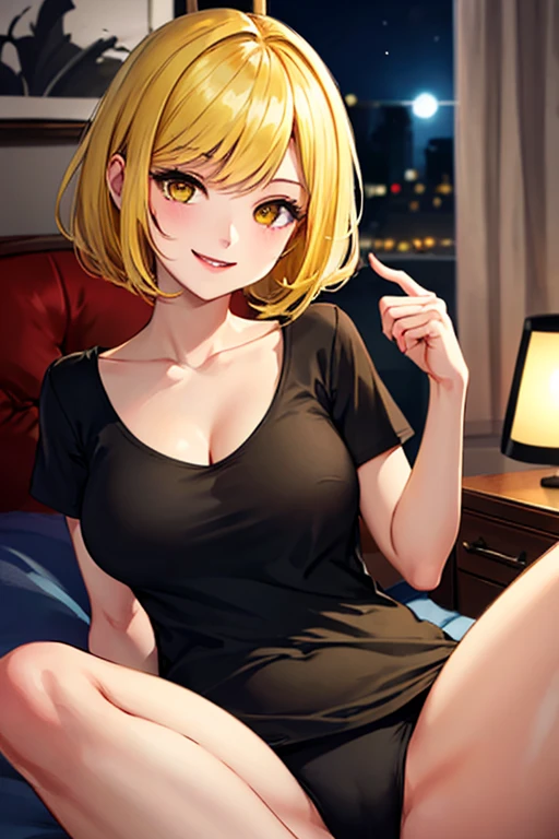 high quality, subsurface scattering, chromatic lighting,
colorized, yellow + black limited color palette,
detailed concept drawing,
in a bedroom, sleepwear,
portrait, 20yo 1girl, medium soft breasts, slender, yellow hair, yellow eyes, smiling