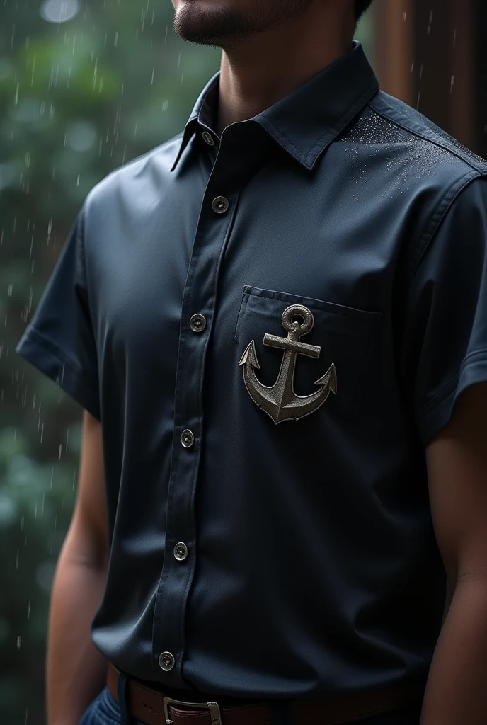 A rich silk  ventablack and mix of gray , hundred thousand worth  short sleeved shirt with raindrops 
art  pattern on the left top side , with a tiny anchor on 
displaying on  the left 