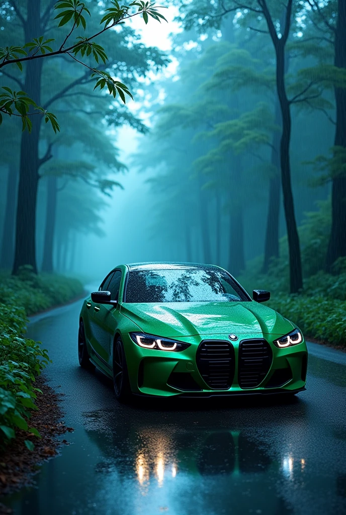 A car moving on road in forest the  trees are of blue colour in rainy season and the car is BMW of green colour 