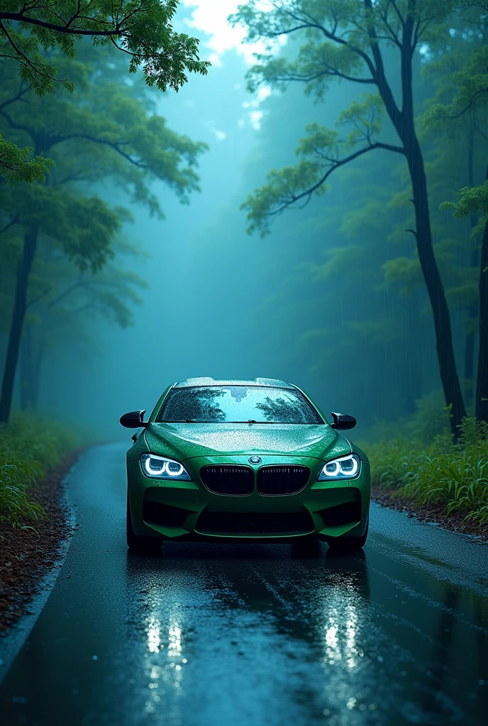 A car moving on road in forest the trees are of blue colour in rainy season and the car is BMW of green colour