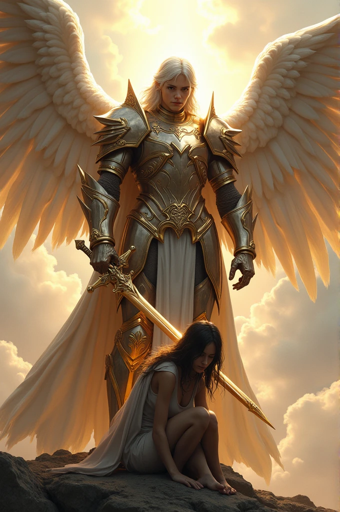 Angel with armor and sword protecting a person
