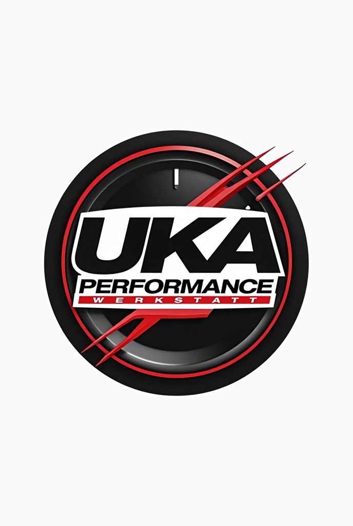 Create a dynamic logo for ‘Uka Performance Werkstatt,’ in capital letters featuring a sleek speedometer or racing stripe motif. The name ‘Uka Performance’ should be the focal point, with ‘Werkstatt’ in a smaller, clean font below. The design should use a high-contrast color palette, like black and red, to highlight speed and performance