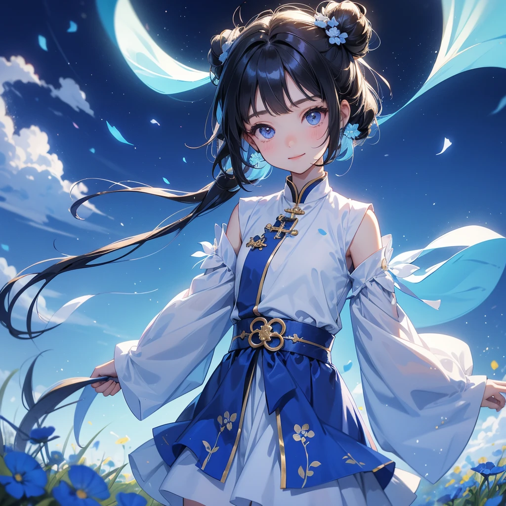 A chibi child girl had a small face and Wearing white little Taoist priest's outfit. A pair of big round eyes shone with curiosity about him. This child was so cute! ,her hair is black with two buns on her hair.small chibi, chibi baby, smiling,The little chibi baby looked up with his chest raised, and his face was old and proud.
Strolling among the nemophila fields Glowing blue.