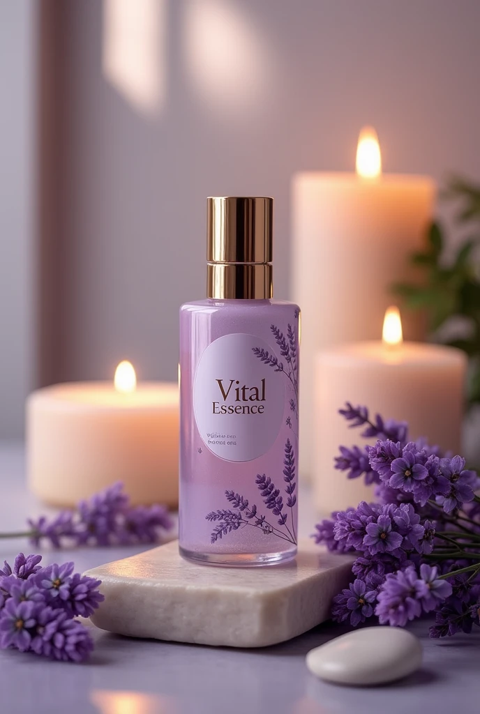 A bottle of vital essence of lavender essential oil in a spa setting with the brand 'vital essence' on the bottle