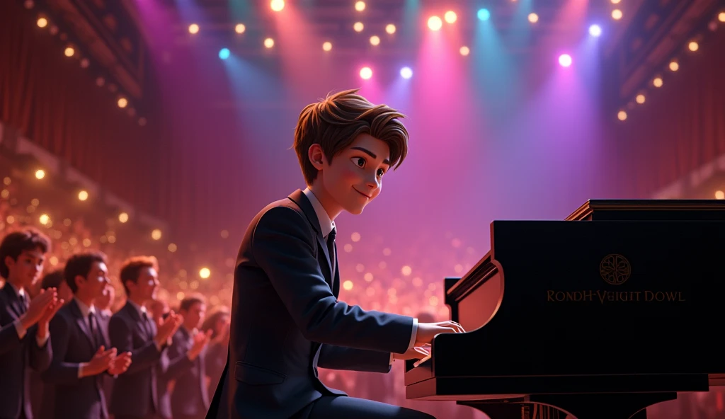 Create a realistic and vibrant image of a concert stage, capturing an atmosphere of happiness and accomplishment. Lucas, now 25, is a successful pianist. He has brown hair, slightly shorter and styled than when he was younger, and large, expressive eyes. He is dressed in sophisticated performance attire, including a well-fitted and elegant suit. Lucas is playing a high-quality grand piano in the center of the stage, with an expression of intense emotion and joy, and a smile of satisfaction mixed with tears of happiness. The stage should be lit with bright and colorful lights, creating a realistic and festive atmosphere. The audience around the stage is on their feet, applauding, smiling and celebrating enthusiastically, reflecting Lucas’s success. Include realistic details such as a backdrop of velvet curtains, subtle festive decorations and a professional stage backdrop. The image should convey a strong sense of accomplishment and euphoria, highlighting Lucas’s transformation into a triumphant and beloved artist.