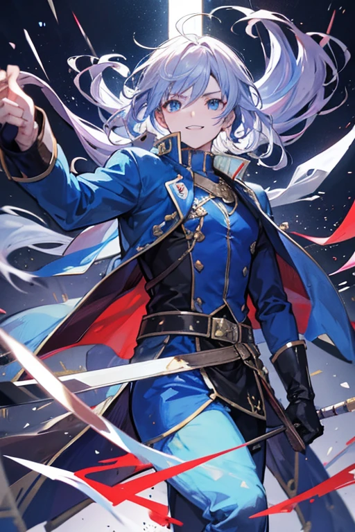 Catastrophe, he fights with a halberd, he is fast, strong and wears a blue jacket, he can teleport using ribbons, he can also use them as explosives, he is explosive and has a scary and sweet smile.