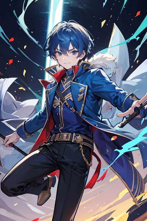 Catastrophe, he fights with a halberd, he is fast, strong and wears a blue jacket, he can teleport using ribbons, he can also use them as explosives, he is explosive and has a scary and sweet smile.