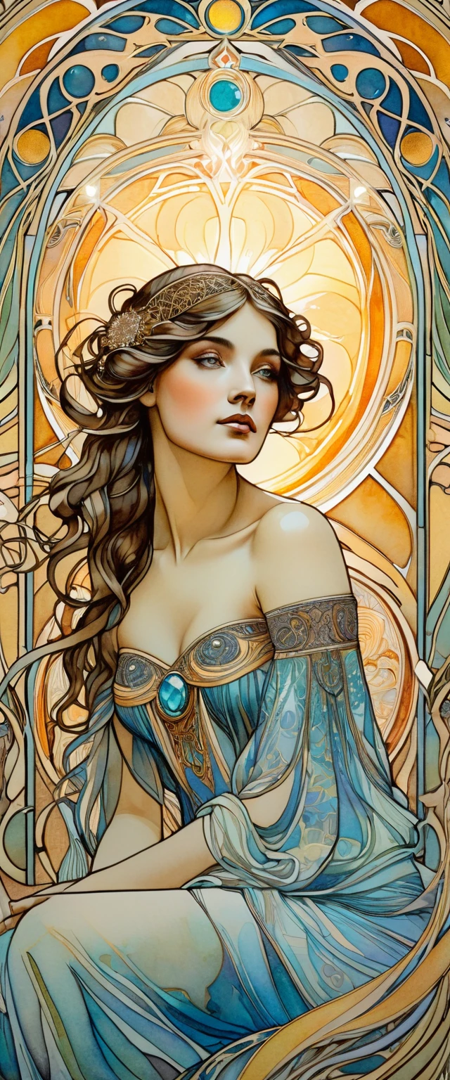 Art Nouveau portrait, surrounded by intricate patterns, in ink and watercolour, beautiful girl, topaz goddess, sitting in a pensive pose, dreamy gaze, looking directly at the viewer, hair illuminated by the rays of the evening sun, inspired by Alphonse Mucha.