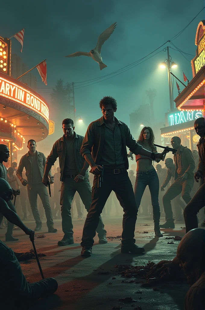 3 men and a woman fighting zombies at a fair at night
