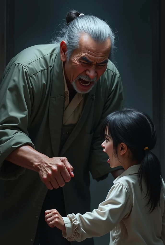 Dark image of an angry old Korean father arguing with a young girl 