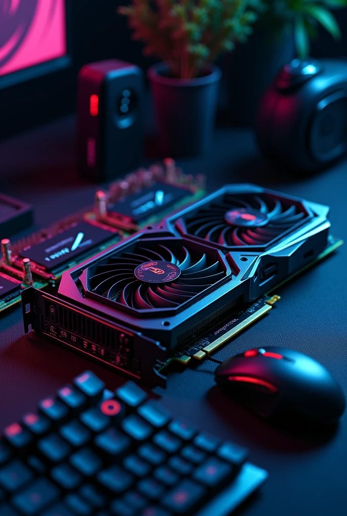 hardware sales, that a graphic card appears, ram memory and a keyboard and gamer mouse that a slightly dark background appears with brightness