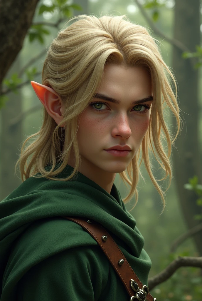 male elf, realistic, mid-long blond hair, green eyes, boy, masculine